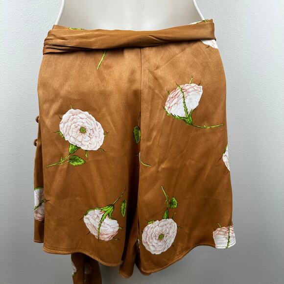NEW Maeve Anthropologie Floral Silky Satin Tie Shorts Skort Brown Size 6 Boho - Picture 6 of 13